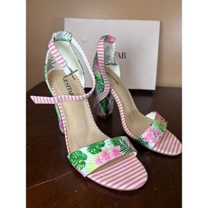 JustFab Lena Tropical Floral Pink Striped Block Heel Sandals Womens Size 7.5
